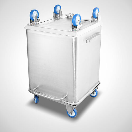 Lift- and tilting bin with hopper bottom type HBW-S-300-2-SON, Id. No.. 22-62012-1 upside down on bin, Id. No. 22-62012-2 with additional trolley 