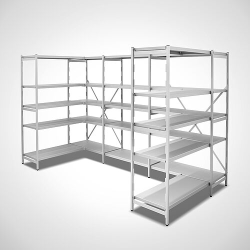 Modular aluminium shelf-system: Standard basic shelf with 4 extension shelf each of them with 5 closed compartment shelves in U-design 