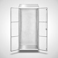 Wall-mounted storage cupboard with grid-doors, ID 20-61439 - frontal - doors opened 