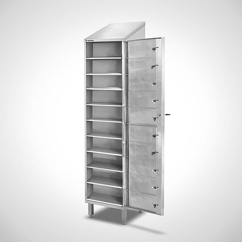 Laundry output cupboard Type WAS-AF-VA-EU-1-10 (10 compartments), art. no. 45.10.07.56 (Open central door) 