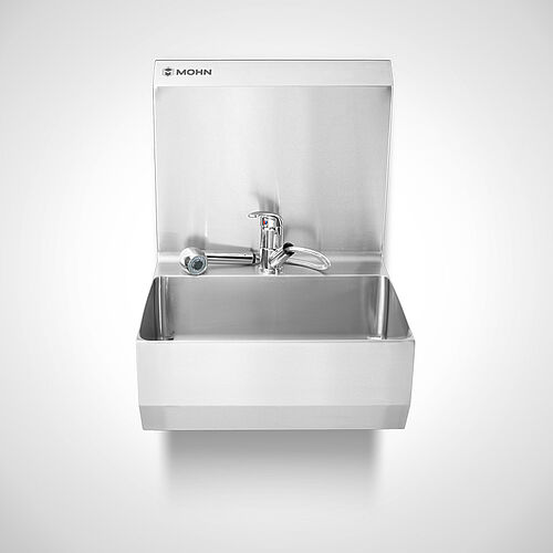 Edelstahl-Handwaschbecken mit Einhebel-Mischbatterie mit schwenkbarer Armatur und ausziehbarer Schlauchbrause Typ HWB-HL 1/G + EHMB-1, Art.-Nr. 12.00.12.50 