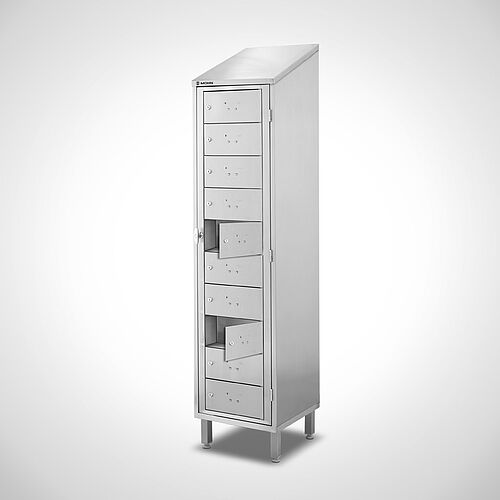 Laundry output cupboard Type WAS-AF-VA-EU-1-10 (10 compartments), art. no. 45.10.07.56 (compartment doors open) 