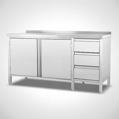 Stainless steel work cabinet with drawer unit on the right, type AS-FZ-SR 140-60, art. no. 22.00.13.49 with rear upstand 