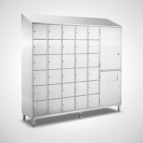 Compartment cupboard with storage compartments for disposable clothes made of stainless steel Type FS6-AF-VA-G-SON, ID 21-65441 