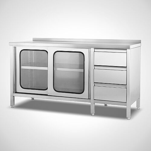 Highline work cabinet made of stainless steel with drawer unit on the right, type AS-SZ-SR 160-60/H, art. no. 22.00.14.68, with rear worktop upstand 