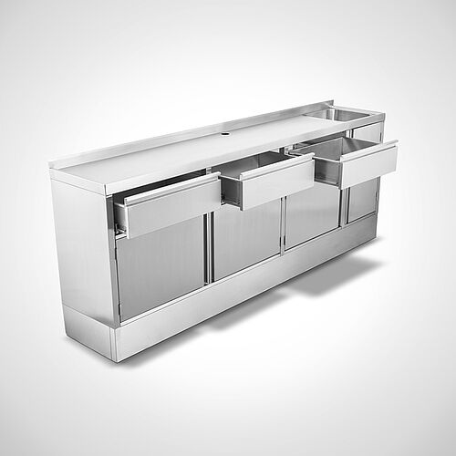 Stainless steel sink cabinet special design with drawers, hinged doors, 1 basin and baseboard, ID 21-63749.8 