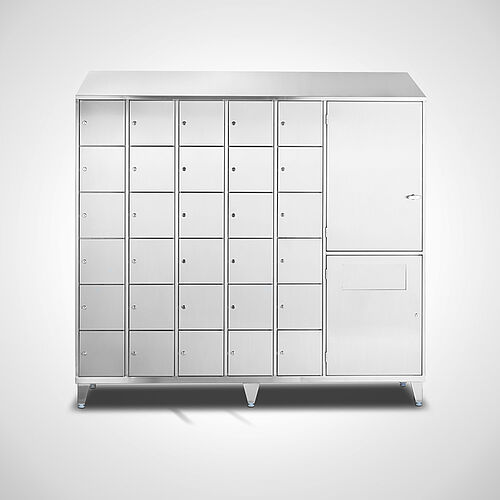 Compartment cupboard with storage compartments for disposable clothes made of stainless steel Type FS6-AF-VA-G-SON, ID 21-65441 