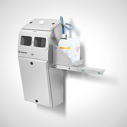 Soap dispenser with sensor-operated alarm-function, art. no. 10.00.33.31, passage direction from left to right 
