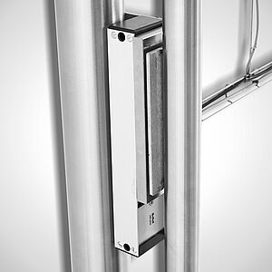 Wall metal mount with surface adhere magnet-locking system, view with pillar - gate closed 