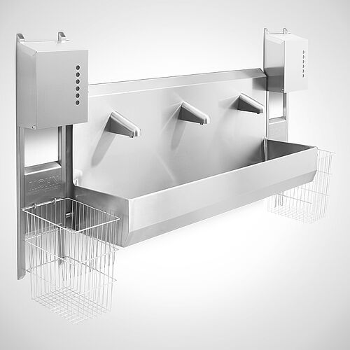 Dryrack Type DR-II L + opt. hand towel dispenser + paper basket (PK-D 40 Ltr.) one-side mounted on wash basin 