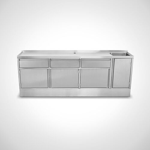 Stainless steel sink cabinet special design with drawers, hinged doors, 1 basin and baseboard, ID 21-63749.8 