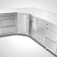 Corner cupboard with drawer cabinetes made of stainless steel 