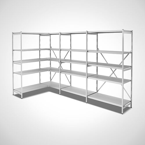 Modular aluminium shelf-system: Standard basic shelf with 3 extension shelf each of them with 4 closed compartment shelves as corner-version 
