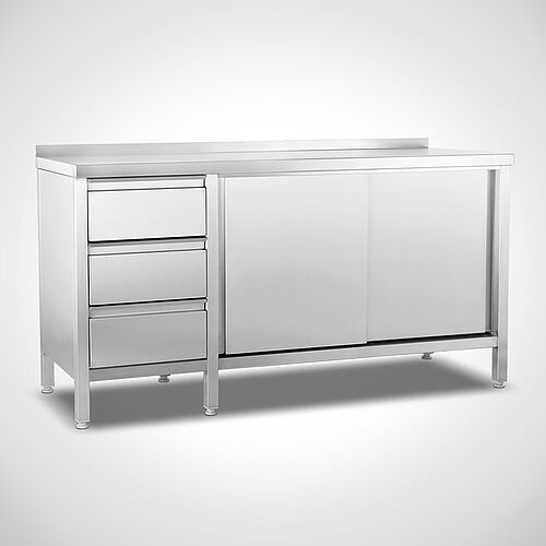 Arbeitsschrank aus Edelstahl mit Schubladenblock links Typ AS-SZ-SL 160-60, Art.-Nr. 22.00.11.95, mit hinterer Tischplattenaufkantung 