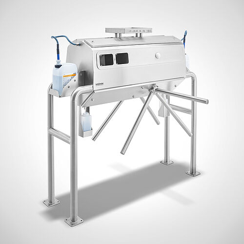 Double-lane hygiene station: Two-hand disinfection with turnstile Type Desi-Control 1200 DUO HIGHLINE with optionally document tray, item. no. 11.10.07.12 
