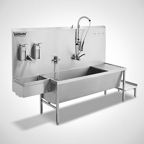 Teilewaschplatz Typ TW-G/S 270-75 mit Sensor-Handwaschbecken linksseitig sowie optionalen Armaturen und Spendern (ID 18-60028)